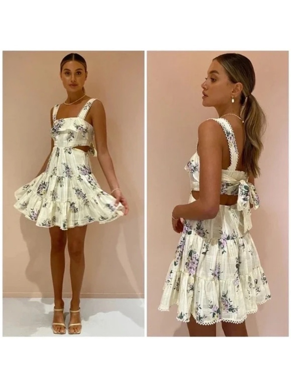 Alemais Margot Floral Mini Dress Ivory Blue Tie Back Cotton Tiered Skirt NWT​